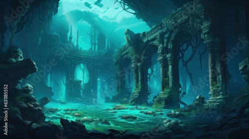 Coral City Ruins  Illustrate the remains of an ancient city submerged beneath the ocean game art