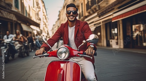 Fototapeta Naklejka Na Ścianę i Meble -  Boy riding a vintage red scooter in Italy streets, summer vacation concept