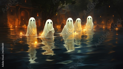  a group of ghost floating on top of a body of water. generative ai