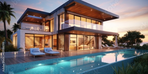 Modern luxury villa  with swimming pool at sunset © Savinus