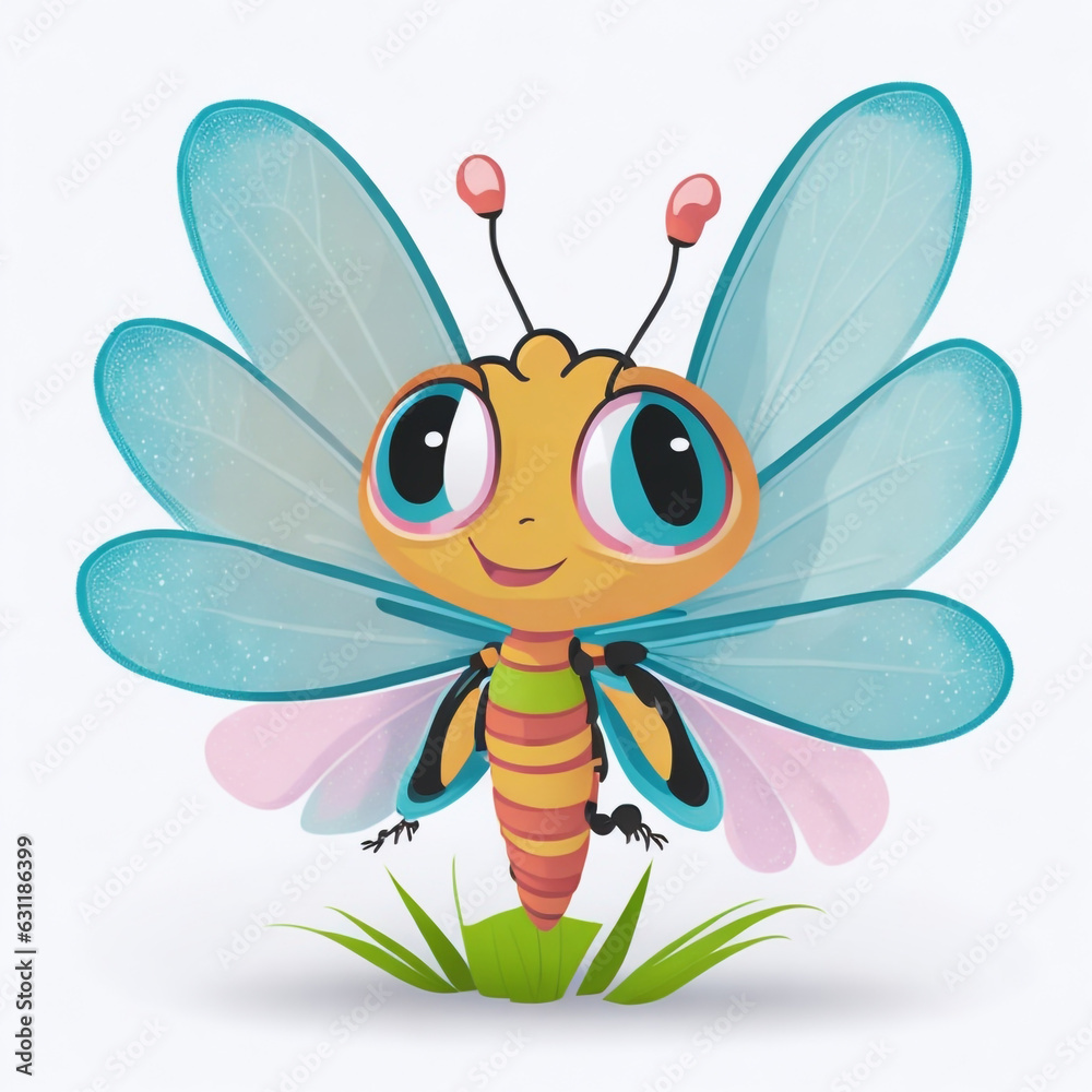 Cute dragonfly cartoon, vector, illustration, white background