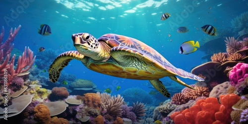 Sea turtle in coral reef underwater, marine panorama © Savinus