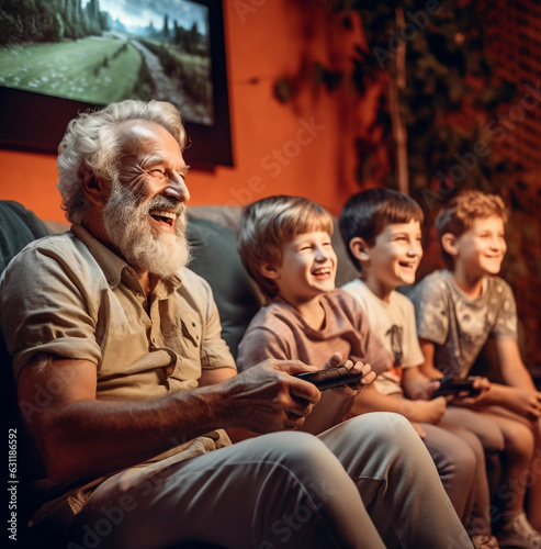 A long shot of the man and his grandchildren sitting on the couch  modern aging stock images  photorealistic illustration