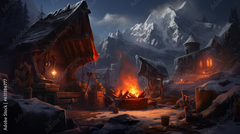 Obraz premium Depict a forge nestled near a volcano where mythical weapons are crafted game art