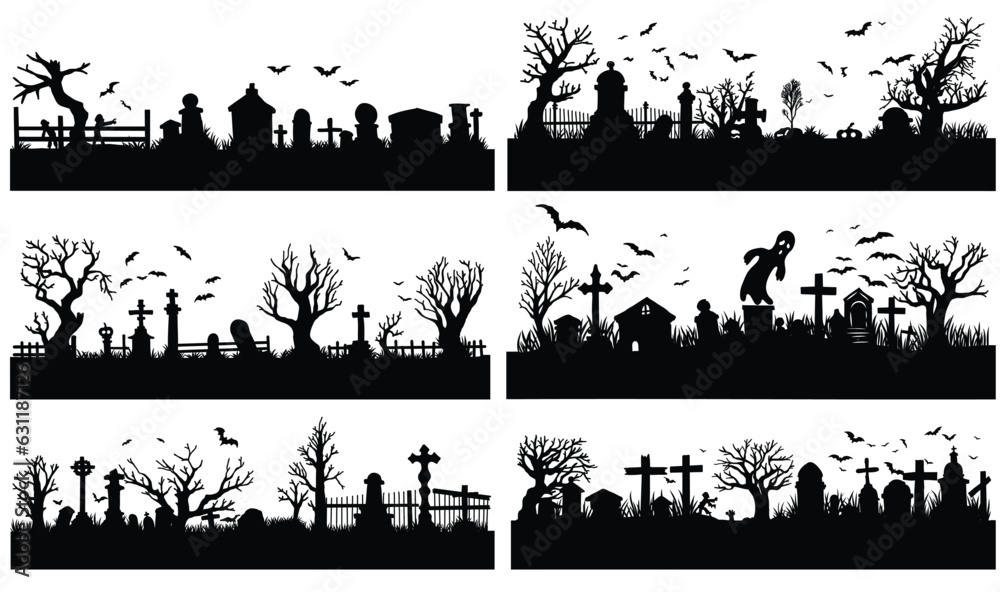 Set of silhouettes of grass , Spooky halloween border illustration,Cute Cartoon Style Illustration for Kids' Holiday