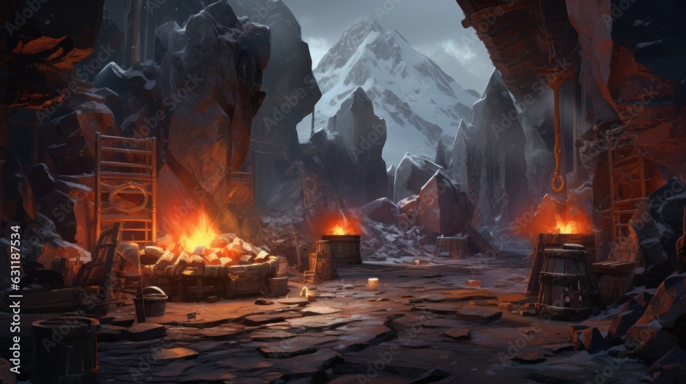 Obraz premium Depict a forge nestled near a volcano where mythical weapons are crafted game art
