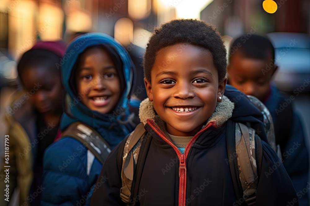 Happy cute black schoolkid with his friends. Happy cute black schoolkid with his friends.