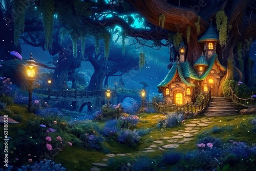 Fantasy fairy tale background. Fantasy enchanted forest with magical luminous plants  built ancient mighty trees covered with moss  with beautiful houses  butterflies and fireflies fly in the air.