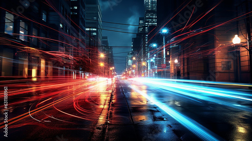 a street scene with a light trails from the city