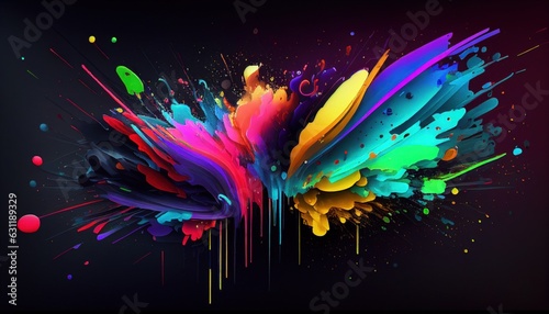 Abstract colourful splatter paint on black background. Modern dynamic 3D illustration minimal. Futuristic digital drawing for interior design  fashion textile fabric  cloth  poster  wallpaper