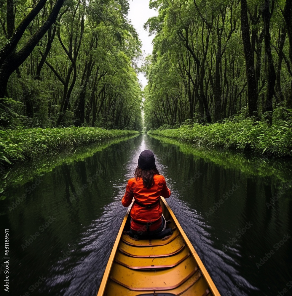 The river to the jungle woman guiding a canoe down a rainswept mahogany river in the ecuadorian amazon, wanderlust travel stock images, travel stock photos wanderlust - obrazy, fototapety, plakaty 