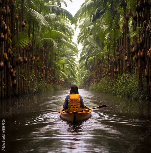 The river to the jungle woman guiding a canoe down a rainswept mahogany river in the ecuadorian amazon, wanderlust travel stock images, travel stock photos wanderlust photo