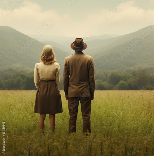 A man and a woman standing in a field with a hat on, wanderlust travel stock images, travel stock photos wanderlust photo