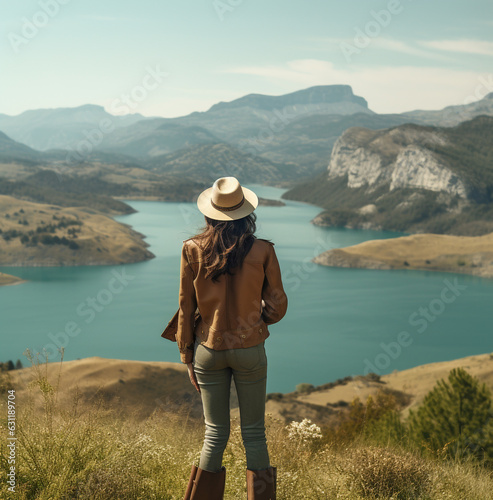 A girl looking at hills and lake while taking photos, wanderlust travel stock images, travel stock photos wanderlust photo