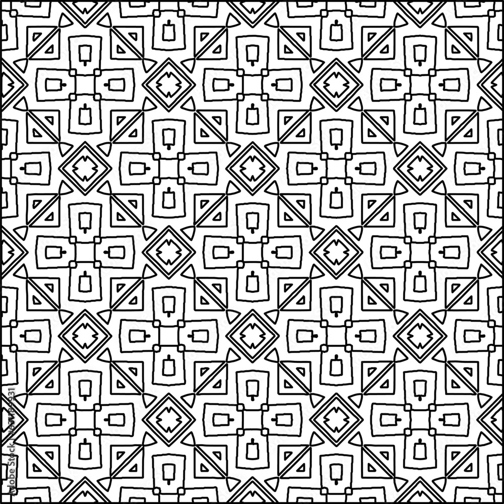 Abstract background with figures from lines. black and white pattern for web page, textures, card, poster, fabric, textile. Monochrome graphic repeating design.