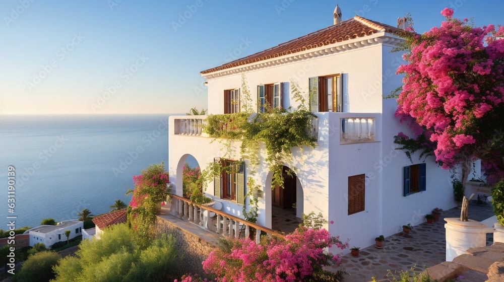 a white house with red shutters overlooking the water and flowers. generative ai a white house with red shutters overlooking the water and flowers. generative ai