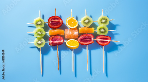 canape with fresh fruit on skewers on a light blue background for your design. Generative Ai. 