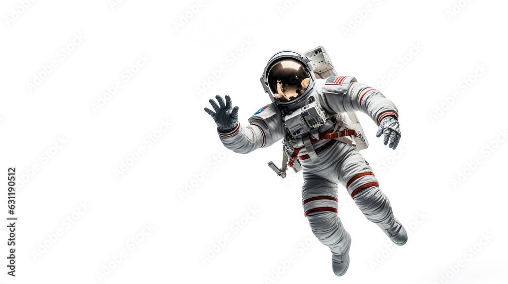 astronaut in a spacesuit in zero gravity waves his hand at the camera. Generative Ai.  - obrazy, fototapety, plakaty 