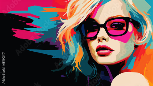 young blonde woman with glasses on abstract colorful background, close-up illustration. Generative Ai. 