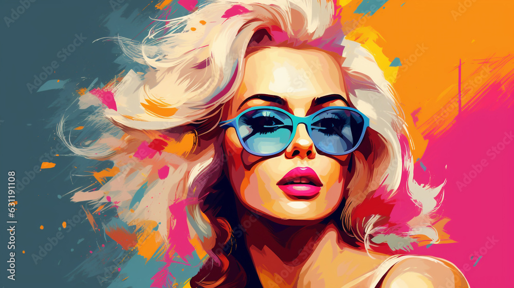 young blond woman wearing blue sunglasses on colorful background, illustration in abstract impressionism style. Generative Ai. 