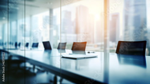 modern office interior with a long table without people on a blurred background large windows on a sunny day. Generative Ai. 