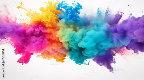 multi-colored puffs of smoke - yellow, orange, purple on a white background. Generative Ai. 