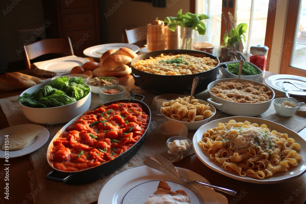 Different kinds of Italian food on the table in the kitchen at home. Delicious Italian pasta feast with different pasta. Different kinds of Italian food on the table in the kitchen at home. Delicious Italian pasta feast with different pasta.