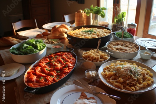 Different kinds of Italian food on the table in the kitchen at home. Delicious Italian pasta feast with different pasta.