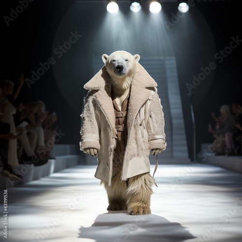 Polar bear on a catwalk presenting polar fashion