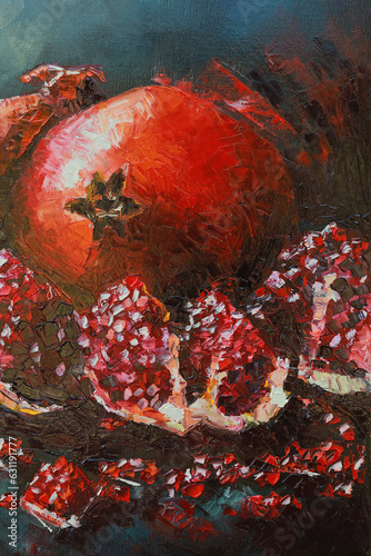 Ripe red pomegranates and their halves - handmade oil painting on canvas