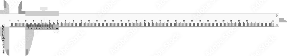 A Vernier caliper isolated on white background.. Its a visual aid to take an accurate measurement reading between two graduation markings on a linear scale by using mechanical interpolation A Vernier caliper isolated on white background.. Its a visual aid to take an accurate measurement reading between two graduation markings on a linear scale by using mechanical interpolation
