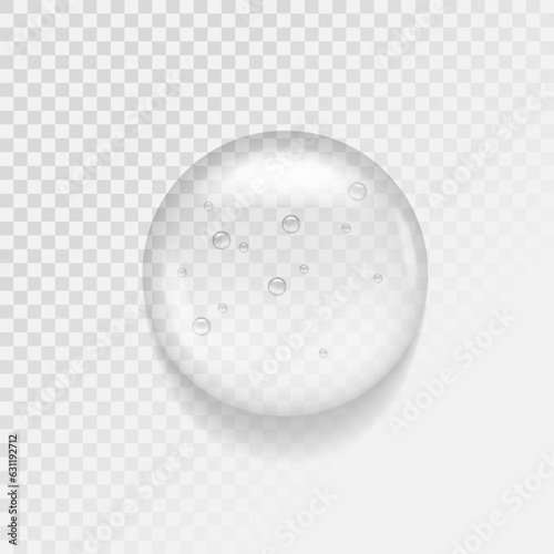 Liquid serum gel drop. Round transparent cosmetic product droplet. Clear texture of essential beauty oil. Bubbled water acid cream