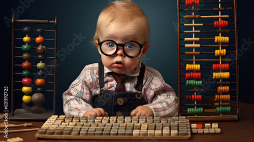 In this image, a stressed baby furrows their brow while trying to crunch numbers using a calculator and an abacus, attempting to solve a complex math problem photo