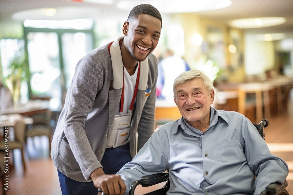 Senior man in a nursing home with his caretaker next to him smiling Senior man in a nursing home with his caretaker next to him smiling