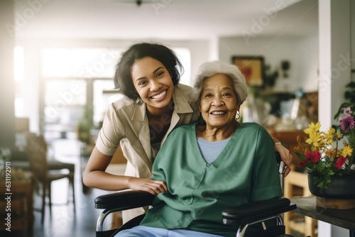 Senior woman and her female caretaker in a nursing home smiling