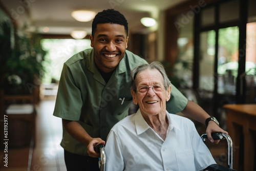 Senior man in a nursing home with his caretaker next to him smiling
