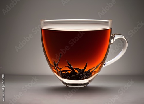 Cup of Hot Tea in Glass in Studio with Soft Gray Background photo