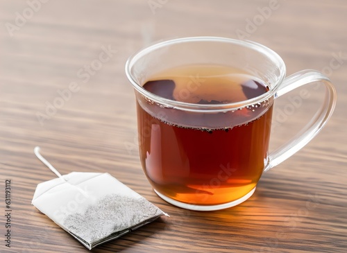 Cup of Hot Tea in Glass on Wooden Table with Tea Bag photo