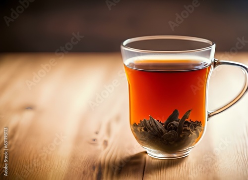 Cup of Hot Tea in Glass on Wooden Table with Tea Bag photo