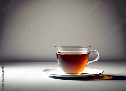Cup of Hot Tea in Glass in Studio with Soft Gray Background photo