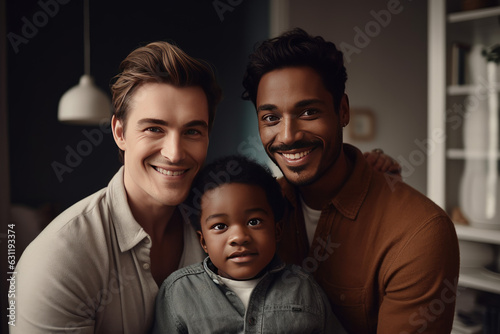 Young male couple and their adopted child at home