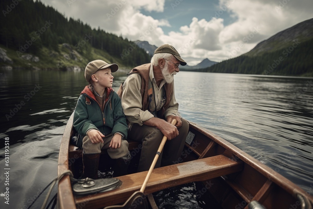 Grandfather and grandson fishing in a small fishing boat on a lake river Grandfather and grandson fishing in a small fishing boat on a lake river