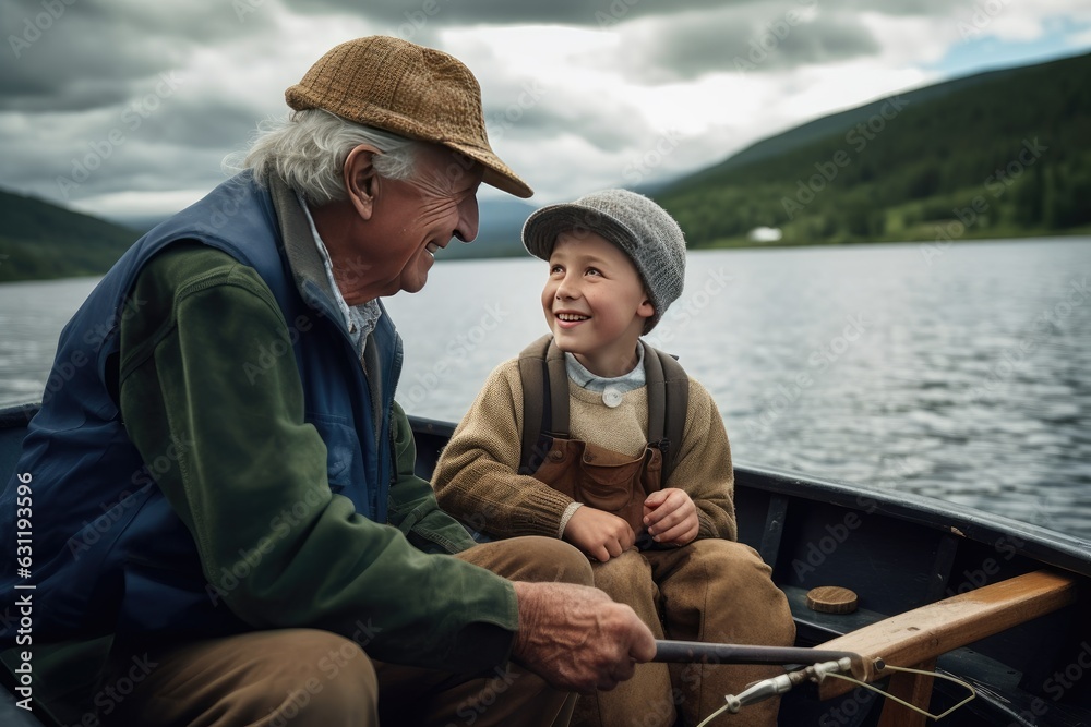 Grandfather and grandson fishing in a small fishing boat on a lake river Grandfather and grandson fishing in a small fishing boat on a lake river