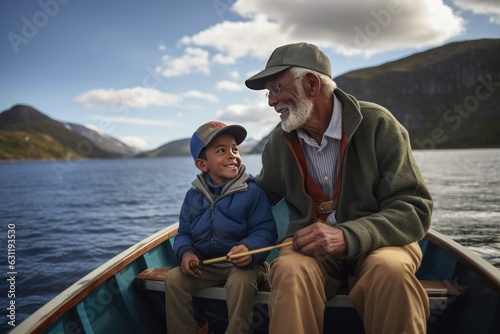 Grandfather and grandson in a small boat on a lake
