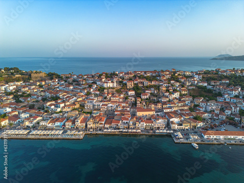 Fototapeta Naklejka Na Ścianę i Meble -  Aerial view over Koroni seaside city at sunset. Koroni, Messenia, Greece