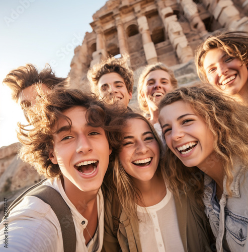 A close-up of a group of friends faces as they explore an ancient ruin, wanderlust travel stock photos, realistic stock photos photo