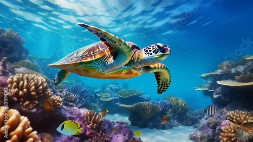  Serene Underwater World with Graceful Turtle and Colorful Marine Life © xdesire