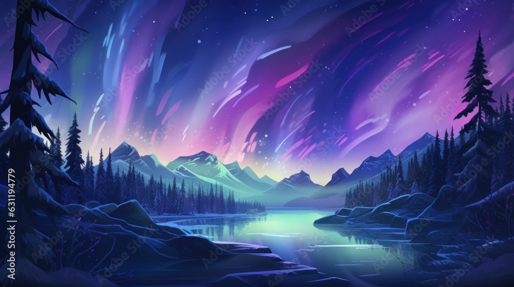 Northern Lights Wilderness: Illustrate a breathtaking wilderness scene with the northern lights dancing across the sky game art