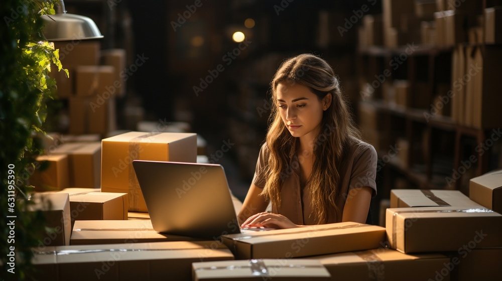 Female warehouse worker or seller packing e-commerce shipping order box seen from above the table. Female warehouse worker or seller packing e-commerce shipping order box seen from above the table.
