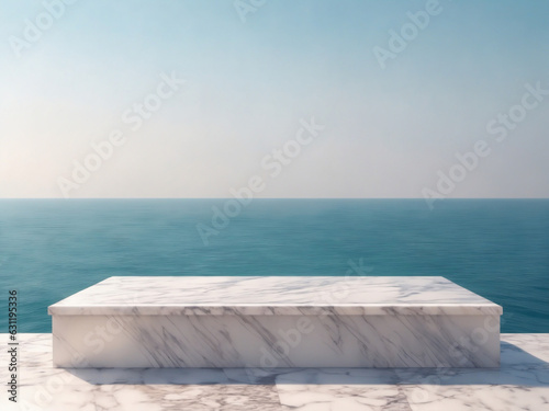 white marble podium with ocean sky background created with Generative AI technology